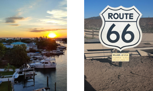 Photo on left: Lake with boats parked at docks with sun setting behind. Photo on right: Route 66 sign in Williams, Arizona